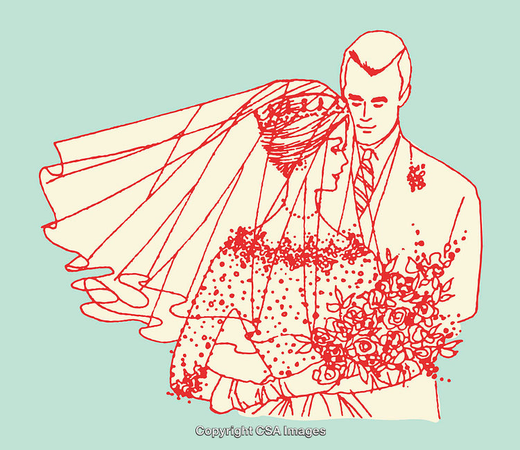 Elegant Line Art Illustration of a Bride and Groom in Wedding Attire