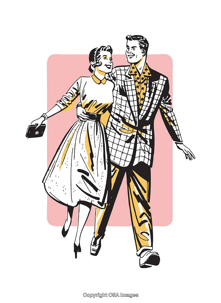 Retro Couple Walking Happily Together in a Vintage Stylized Illustration