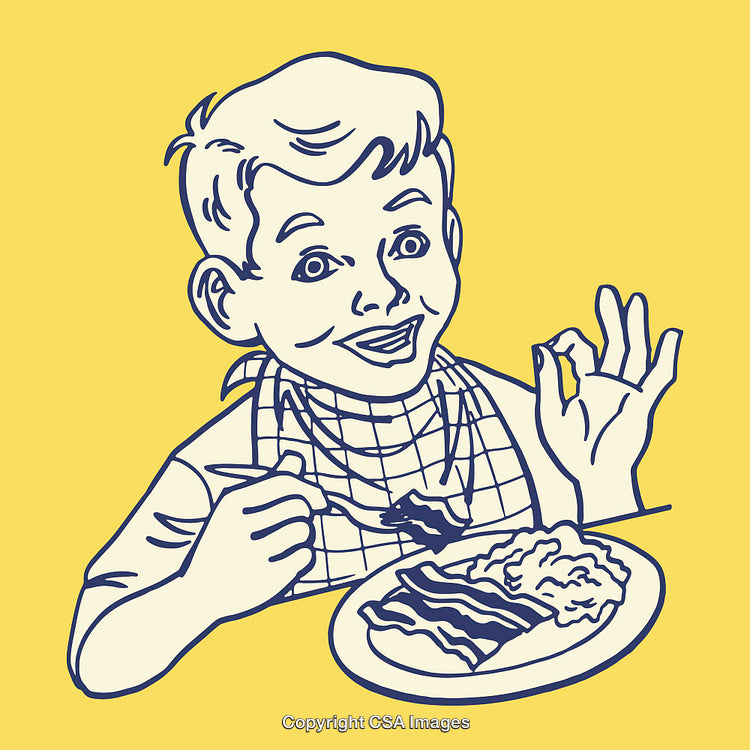 Happy Boy Enjoying a Meal with Positive Gesture in Color Line Art