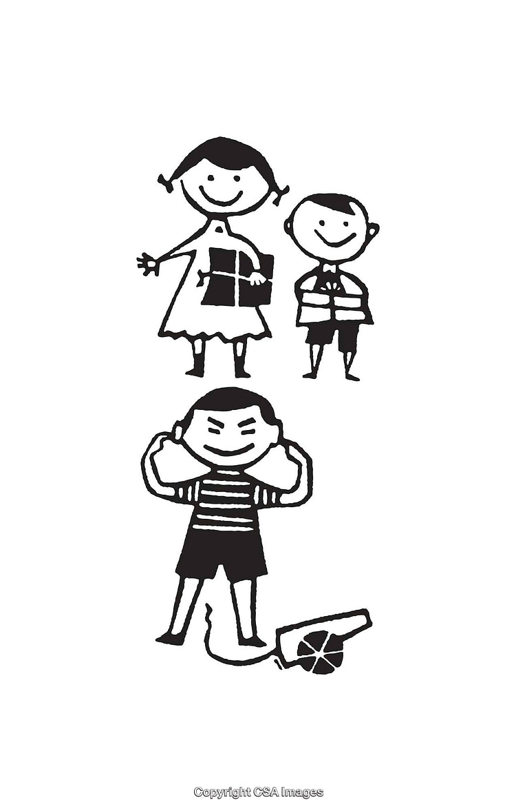 Black and White Line Art of Children in a Playful Setting