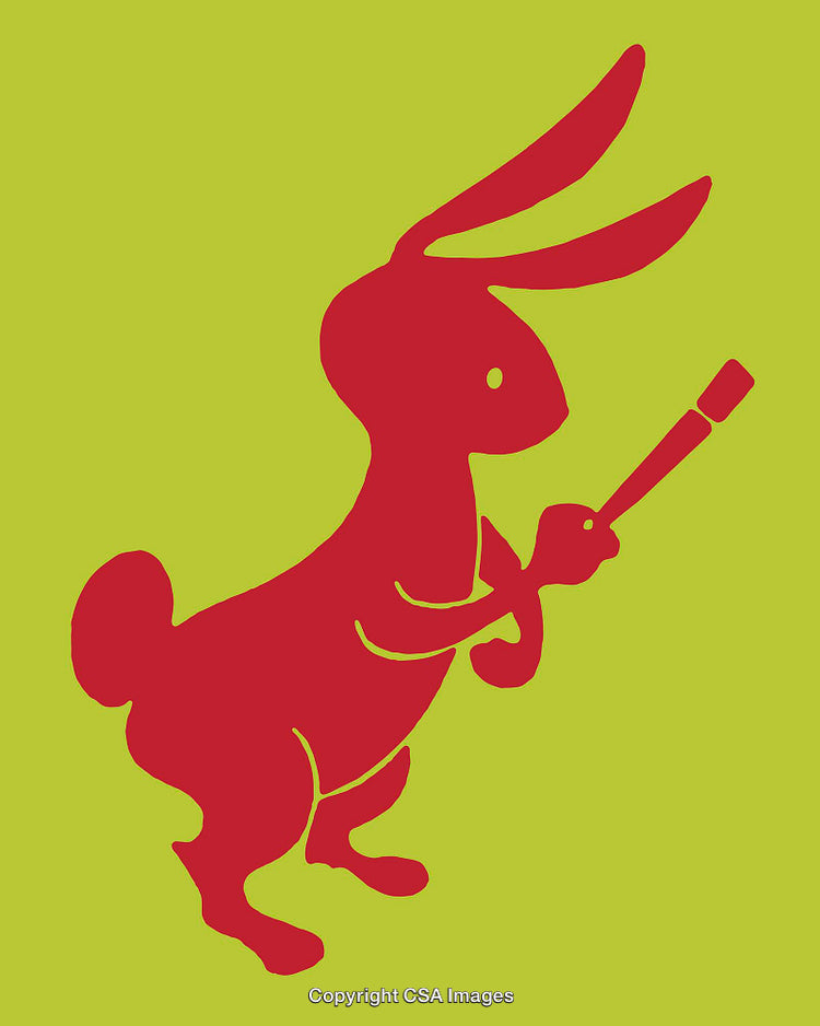 Red Bunny Illustration with a Paintbrush on Green Background