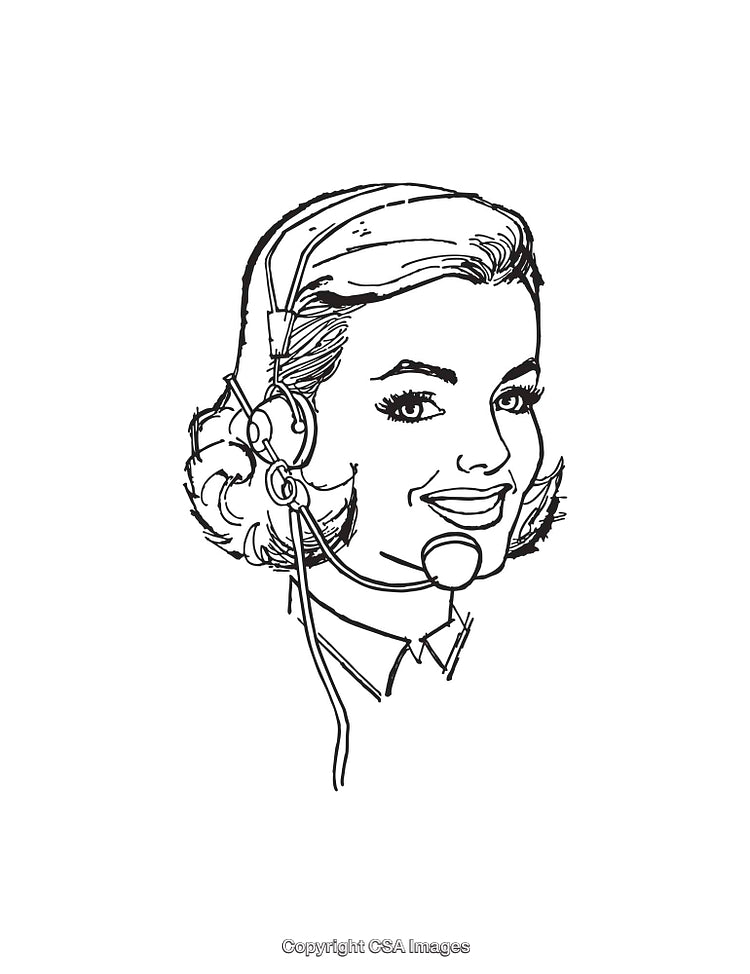 Vintage Line Art Illustration of a Call Center Woman Wearing a Headset