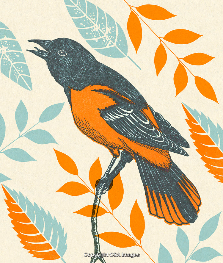 Handcrafted Bird Illustration with Vibrant Foliage Patterns on Neutral Background