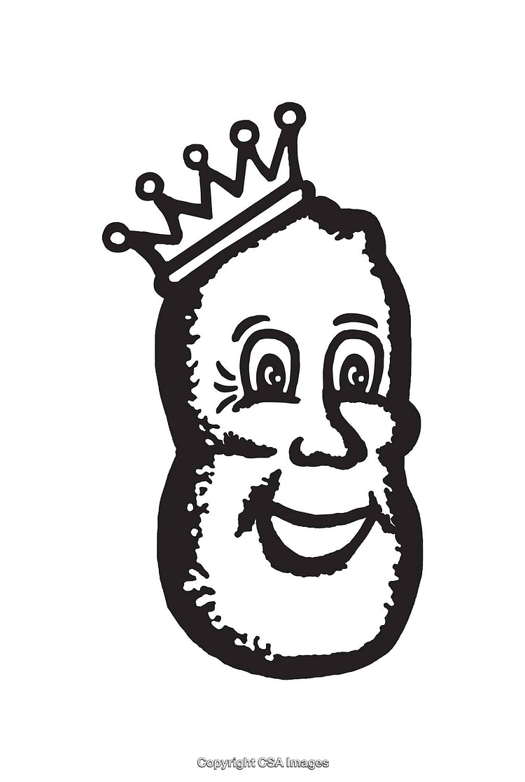 Cartoon Peanut Character With Crown in Black and White Line Art