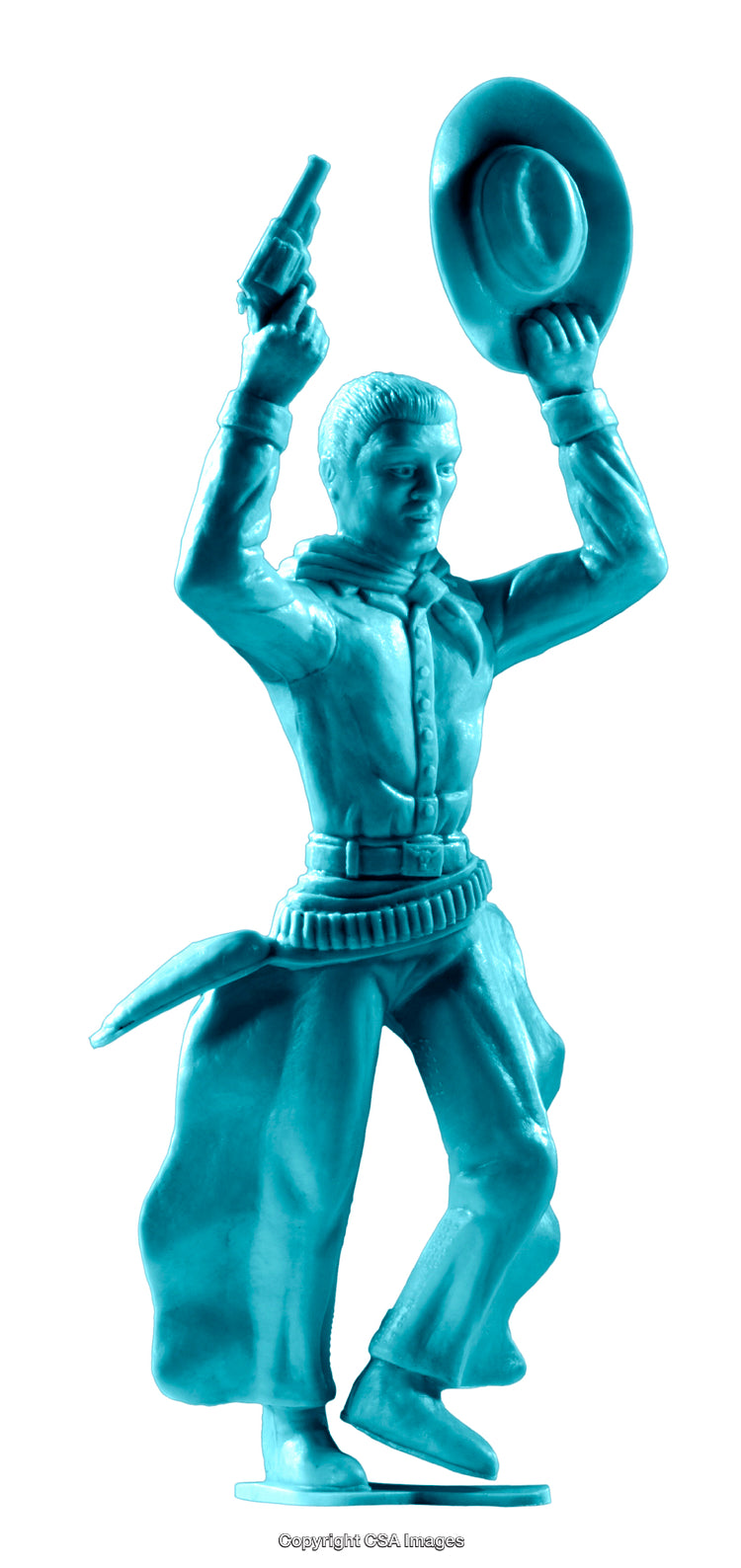 Turquoise Plastic Cowboy Figure Raising Hat and Holding Gun