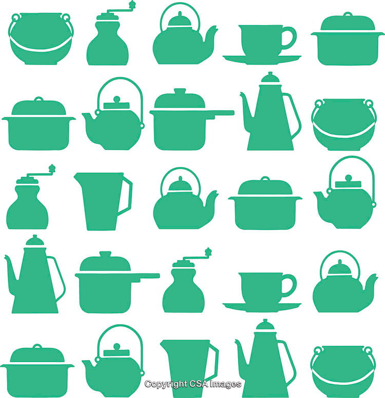 Collection of Green Silhouettes Featuring Various Kitchenware and Teapots