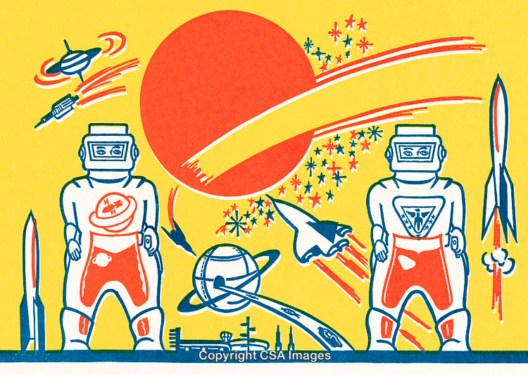 Vintage Illustration of Robots and Space Exploration Themes in Bold Colors