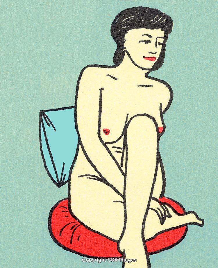 Artistic Illustration of a Woman in a Seated Pose on a Cushioned Stool
