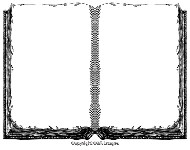 Detailed Black and White Engraving of an Open Blank Antique Book