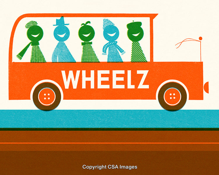 Illustration of a Colorful Bus with Smiling Passengers and Bold Typography