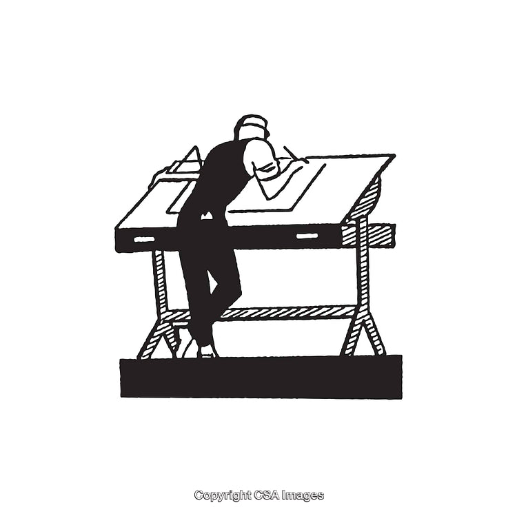 Illustrated Draftsman at Work Using Drawing Table in Black and White Style