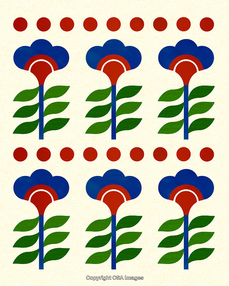 Geometric Floral Pattern Featuring Vibrant Blue, Red, and Green Accents