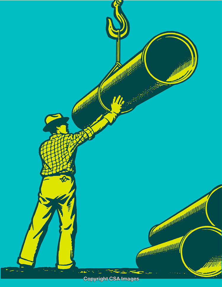 Worker Guiding Heavy Pipe With Crane Hook in Colorful Line Art