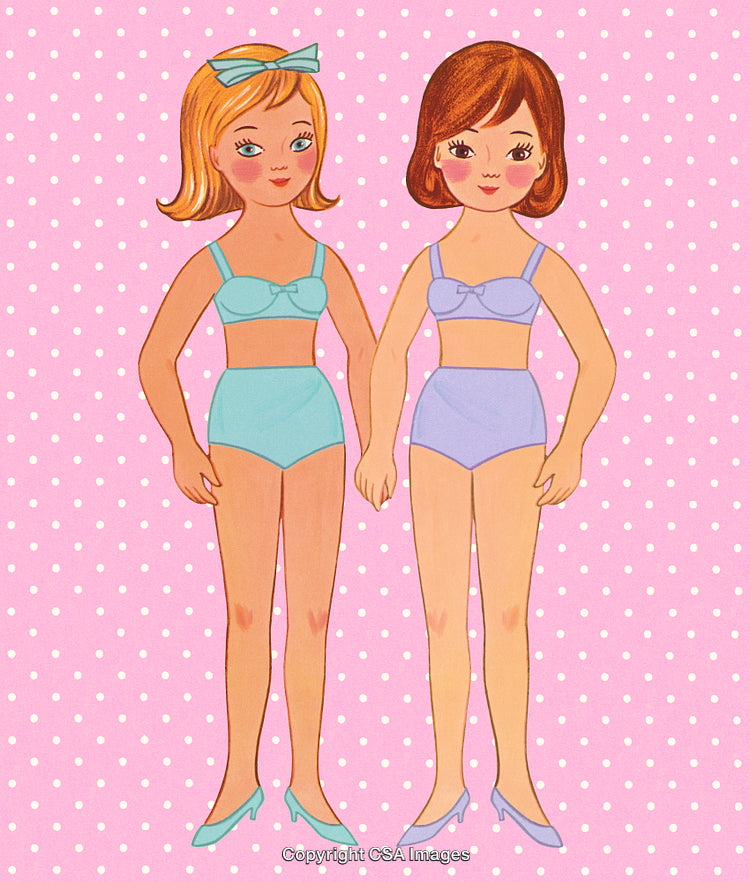 Vintage Paper Doll Illustration of Two Girls on a Polka Dot Background