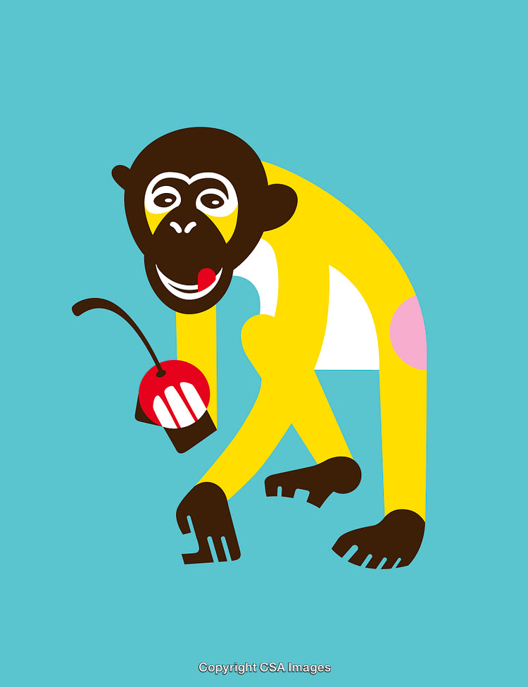 Vibrant Illustration of Monkey Holding Cherry on Blue Background