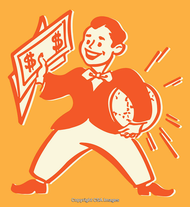 Retro Illustration of a Businessman Holding Wealth Symbols in Color Style