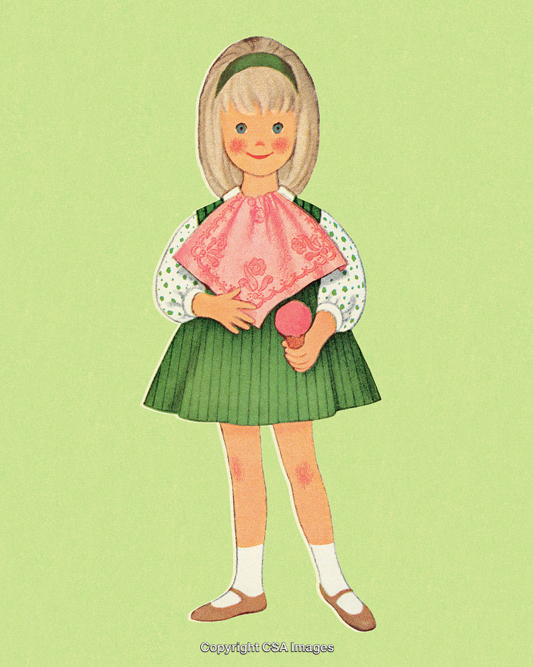 Retro Illustration of a Smiling Girl Holding an Ice Cream on Green Background