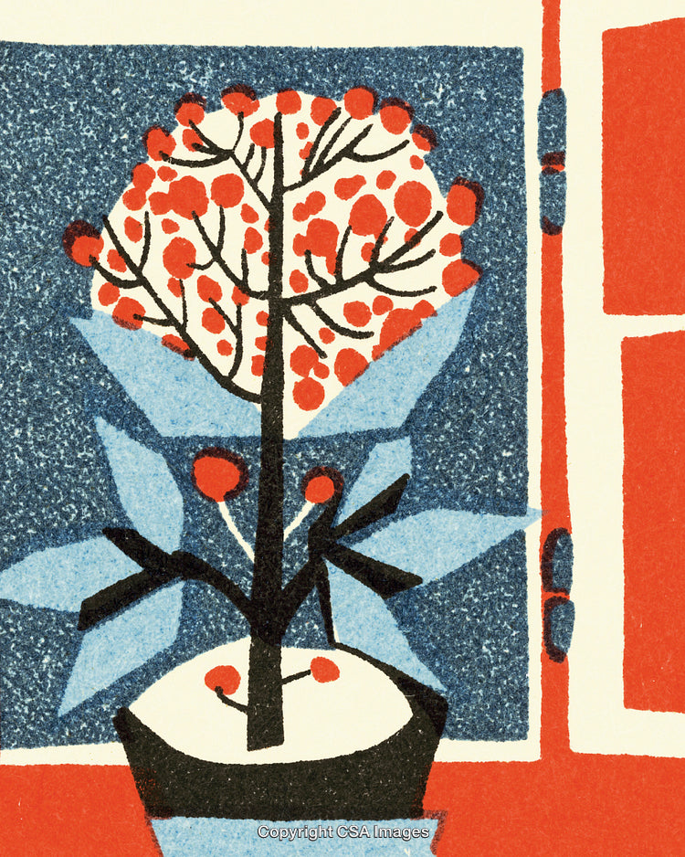 Abstract Illustration of Potted Plant with Red and Blue Artistic Design