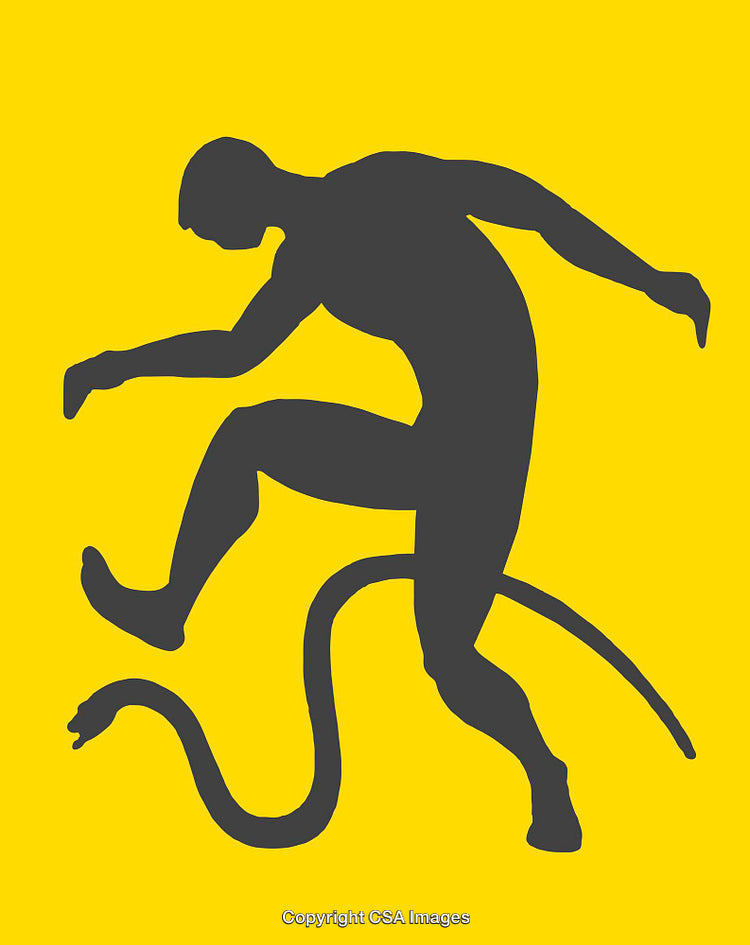 Silhouette of a Figure Stepping Over a Snake on a Yellow Background