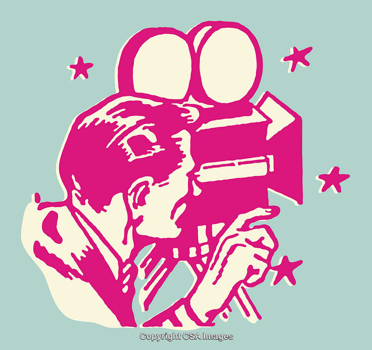 Retro Styled Color Illustration of a Filmmaker with Movie Camera