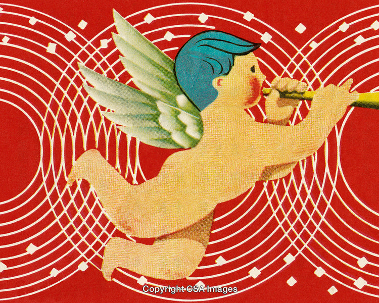 Vintage Angel Playing Trumpet With Decorative Red Geometric Background