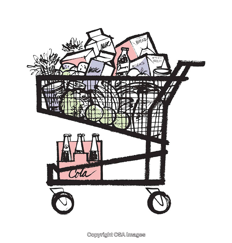 Illustration of a Shopping Cart Filled with Groceries and Beverages