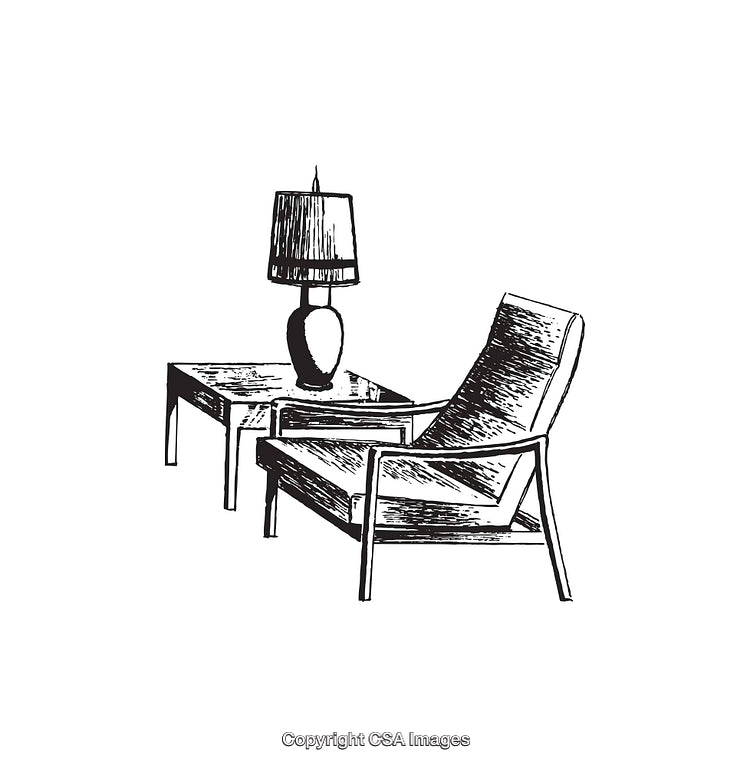 Black and White Illustration of Chair, Table, and Table Lamp