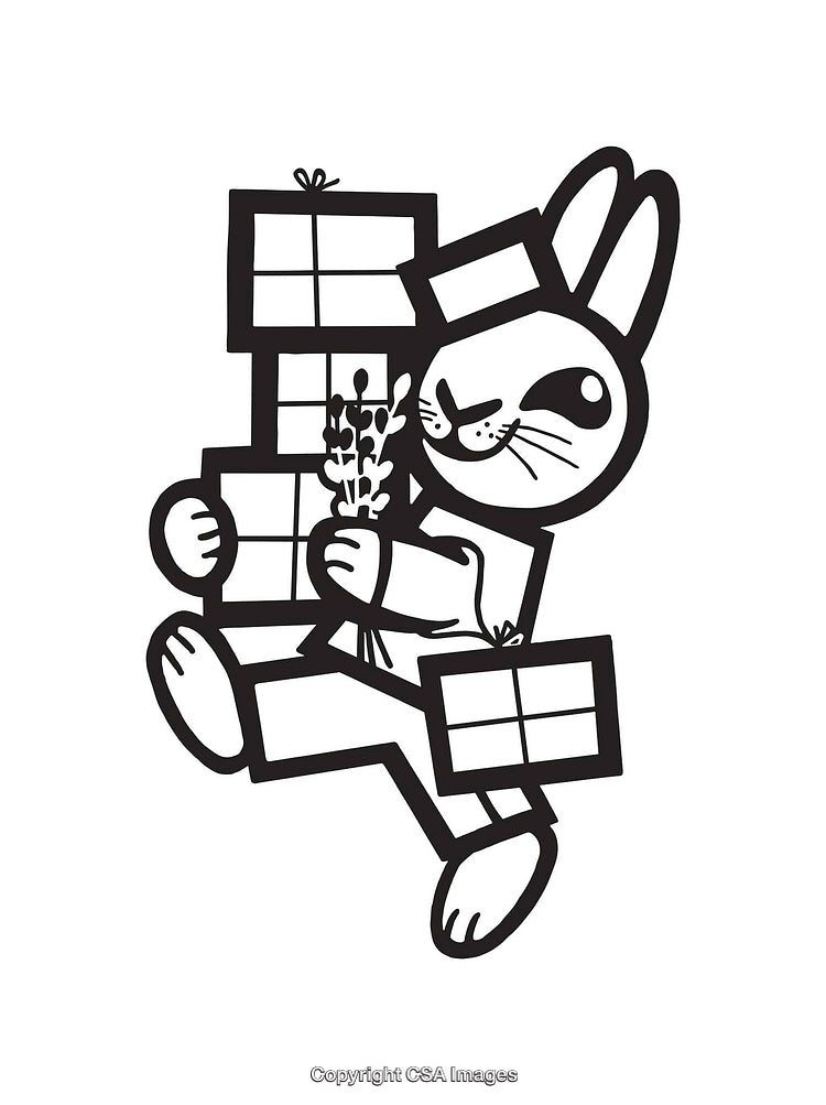 Cute Rabbit Carrying Gifts in Black and White Line Art