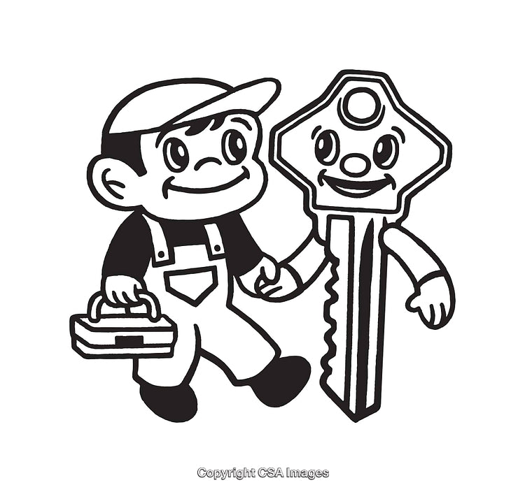 Black and White Line Art of Worker Holding Hands with Smiling Cartoon Key
