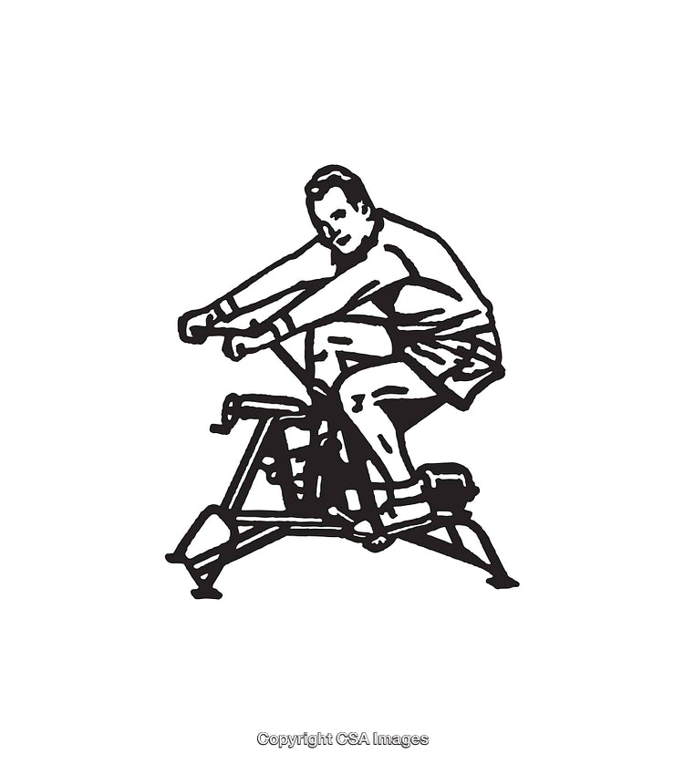 Black and White Line Art of Man Cycling on Stationary Exercise Bike