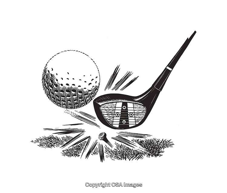 Black and White Illustration of Golf Club and Ball in Motion
