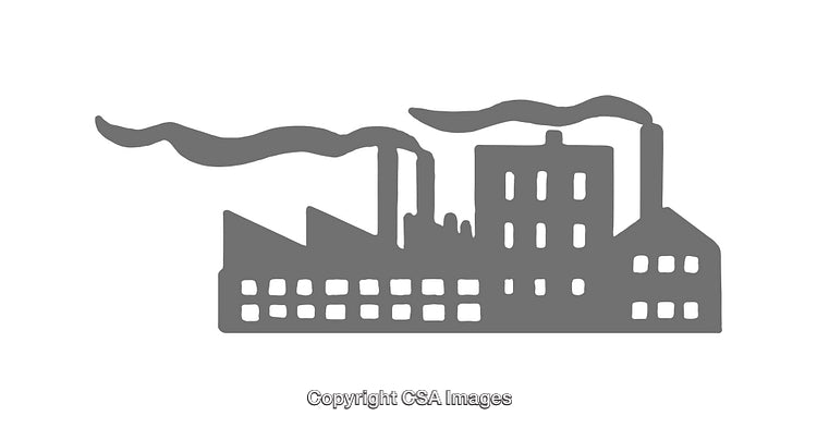 Industrial Facility Icon Depicting Factory with Chimneys and Smoke Emission