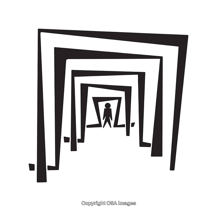 Abstract Black and White Line Art Featuring Human in Geometric Frames