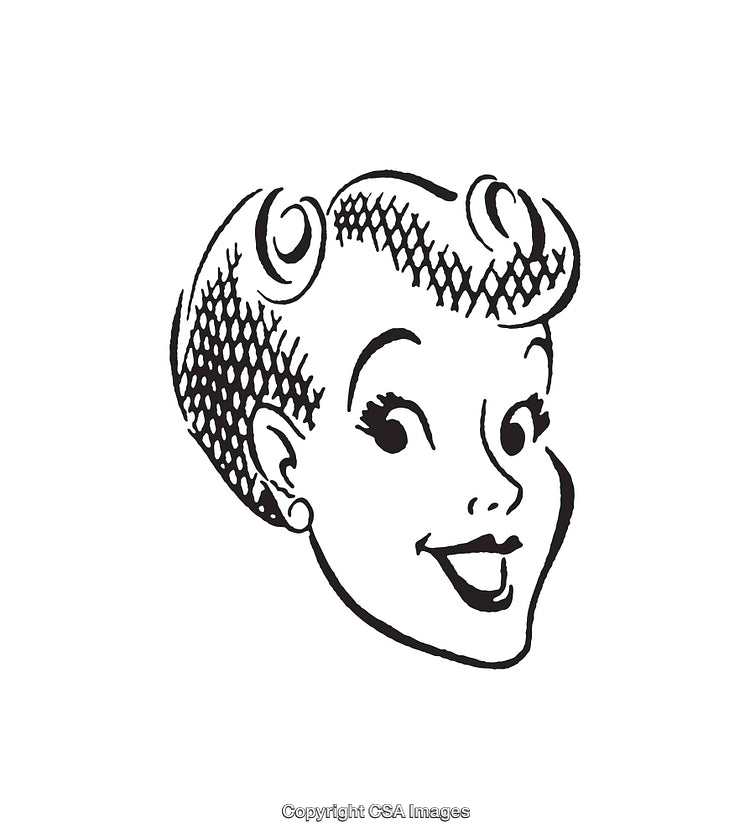 Smiling Retro Woman Vintage Black and White Line Art Illustration