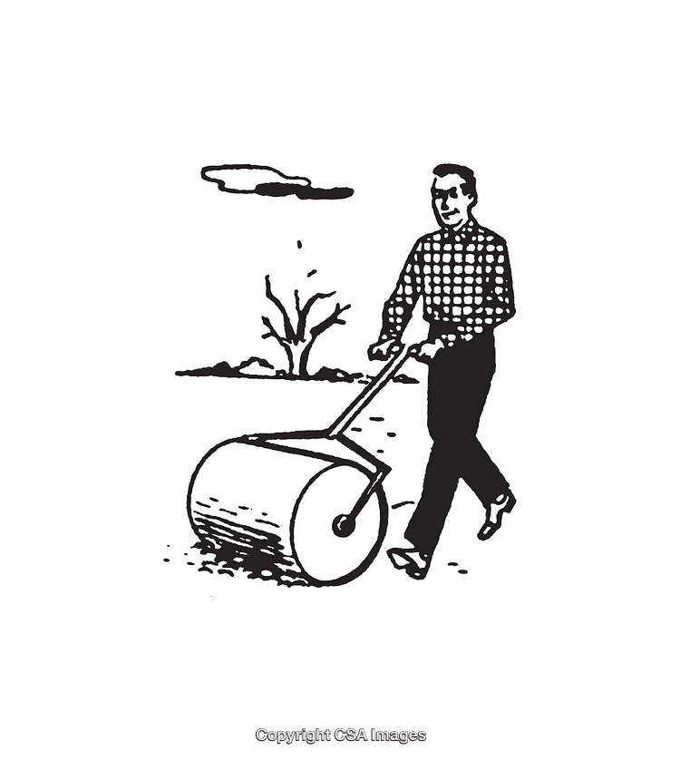 Black and White Illustration of a Man Using a Lawn Roller