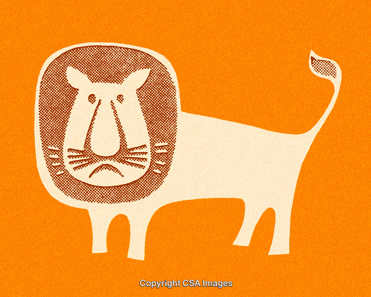 Playful Graphic of Stylized Lion on Vibrant Orange Background