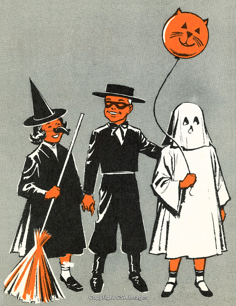 Vintage Halloween Illustration of Friends in Costumes with Witch, Ghost, and Zorro