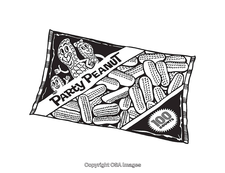 Black and White Illustration of a Peanuts Bag with Cartoon Elements