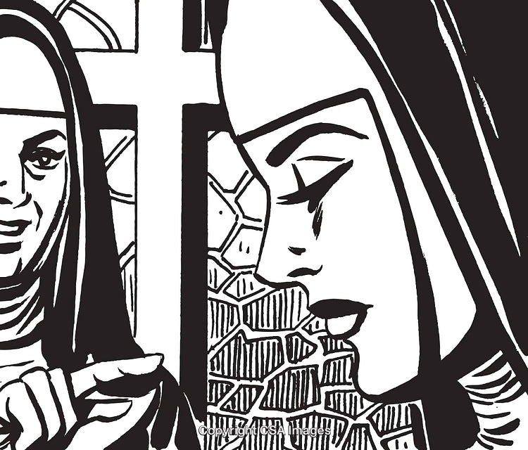 Black and White Illustration of Nuns in a Religious Context