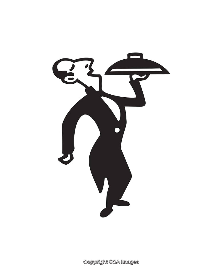 Elegant Butler Illustration Holding Serving Tray Line Art