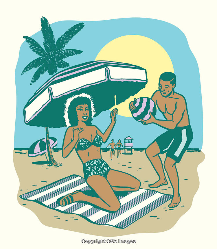 Retro Beach Scene with Couple Relaxing Under Umbrella in Art Style