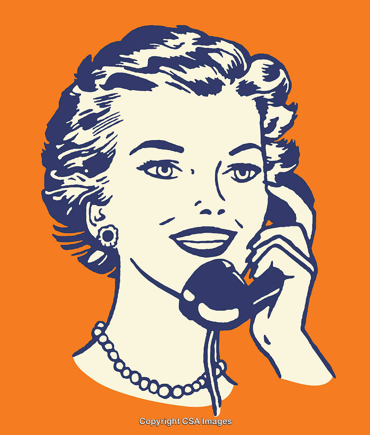Retro Pop Art Styled Woman Talking on Telephone with an Orange Background