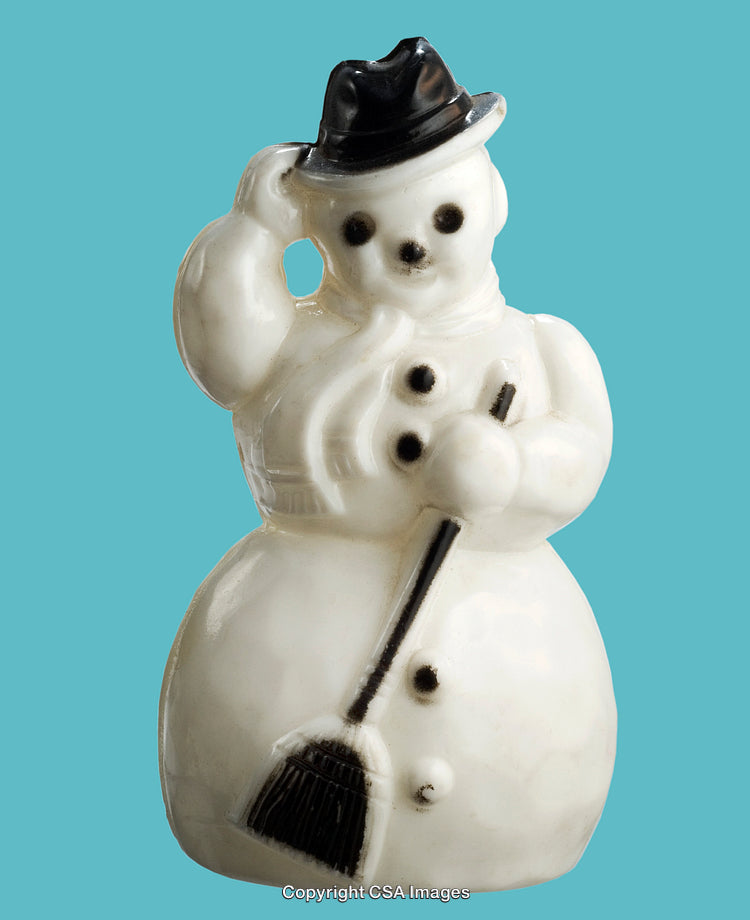 Vintage Plastic Snowman Figure with Broom on Blue Background