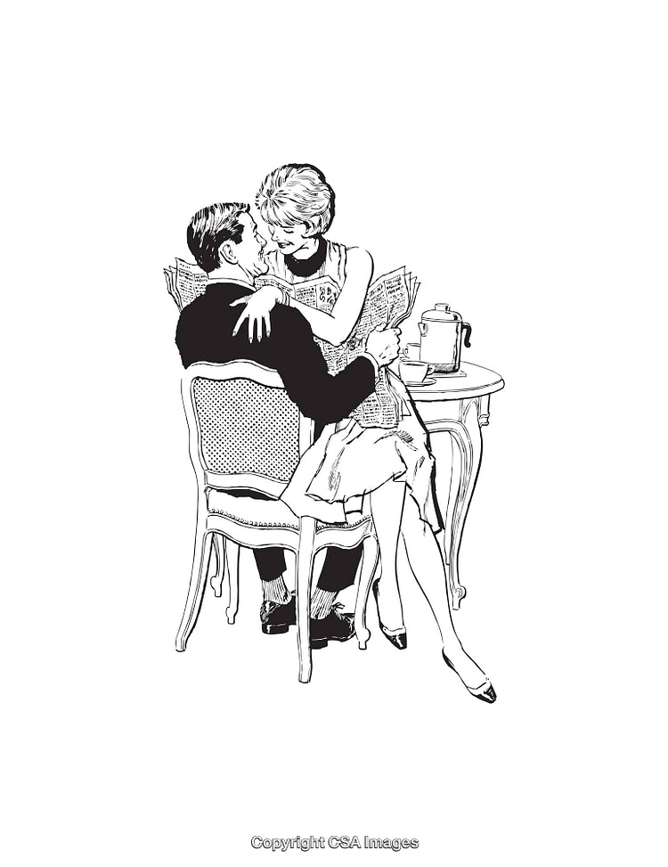 Romantic Couple Enjoying Time Together in a Vintage Line Art Style