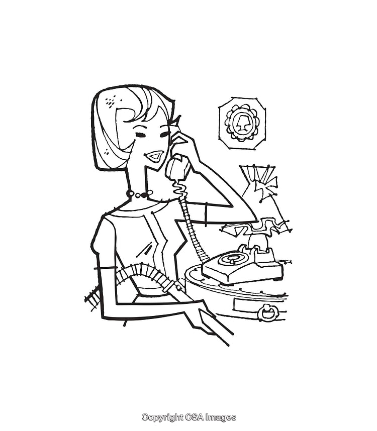 Retro Line Art Illustration of Woman Talking on Vintage Rotary Phone