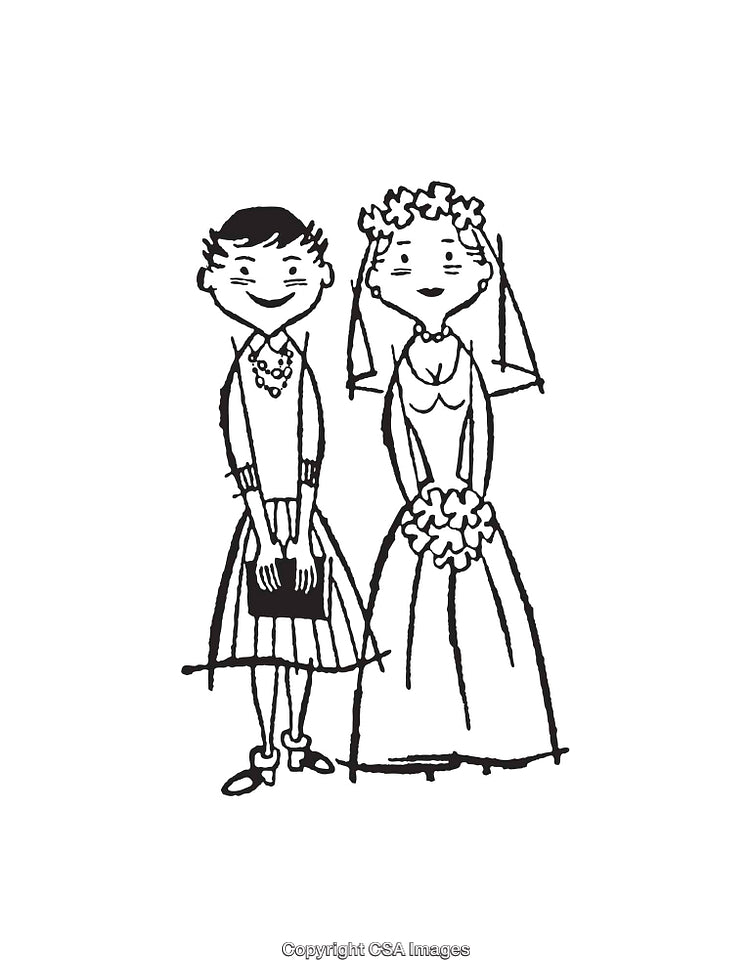 Whimsical Black and White Illustration of Two Women in Dresses