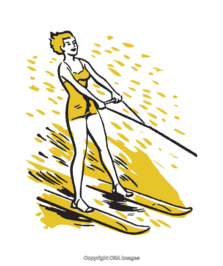 Young Woman Water Skiing in a Vibrant Retro Style Artwork