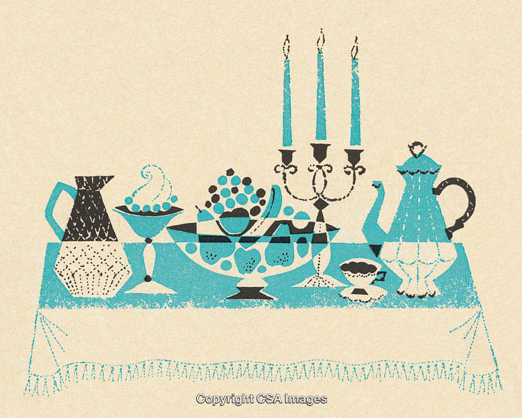 Stylized Vintage Table With Candles, Teapots, Bowls, and Elegant Decorations