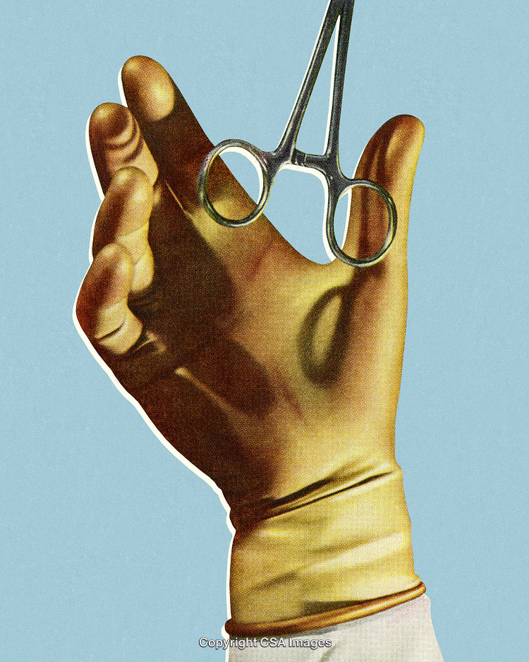 Close-Up of Gloved Hand Holding Surgical Clamp Against Blue Background