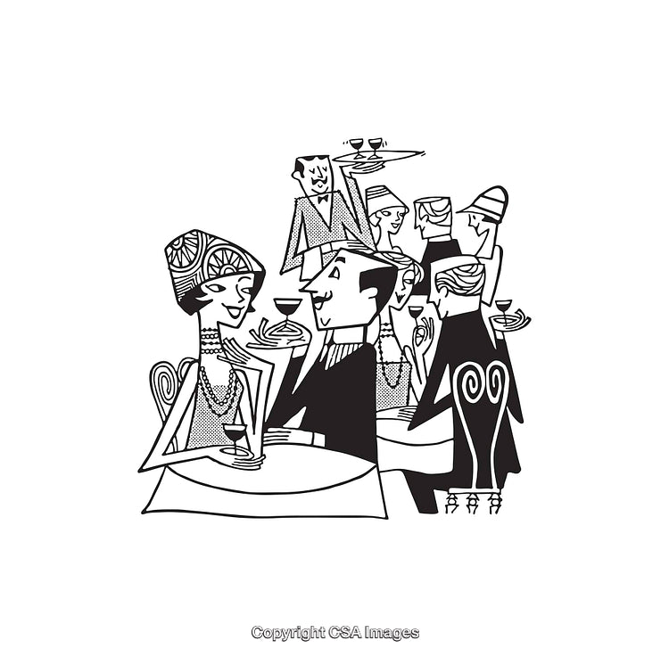 Vintage Line Art Depicting a Social Gathering in Restaurant